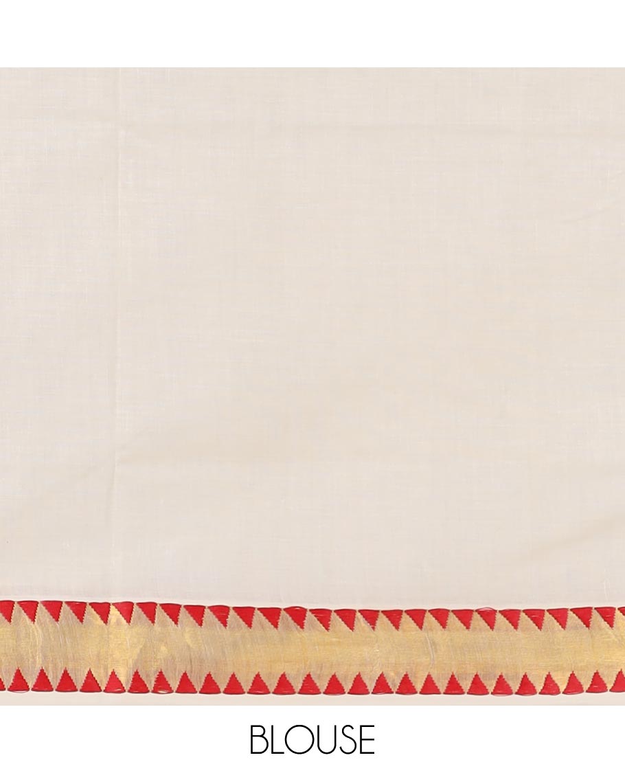 Cream zari design Kerala cotton saree, contrast temple border, and pallu of big chakram motifs