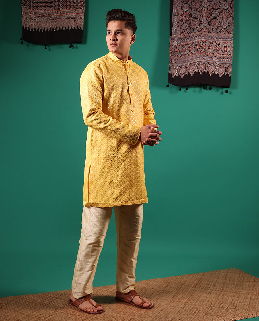 Yellow jaal pattern sequins embroidered full-sleeved men's kurta