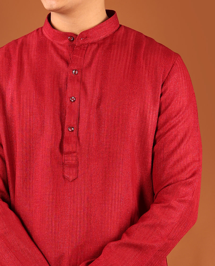 Red Geometric Textures Threaded Full-Sleeved Men's Kurta
