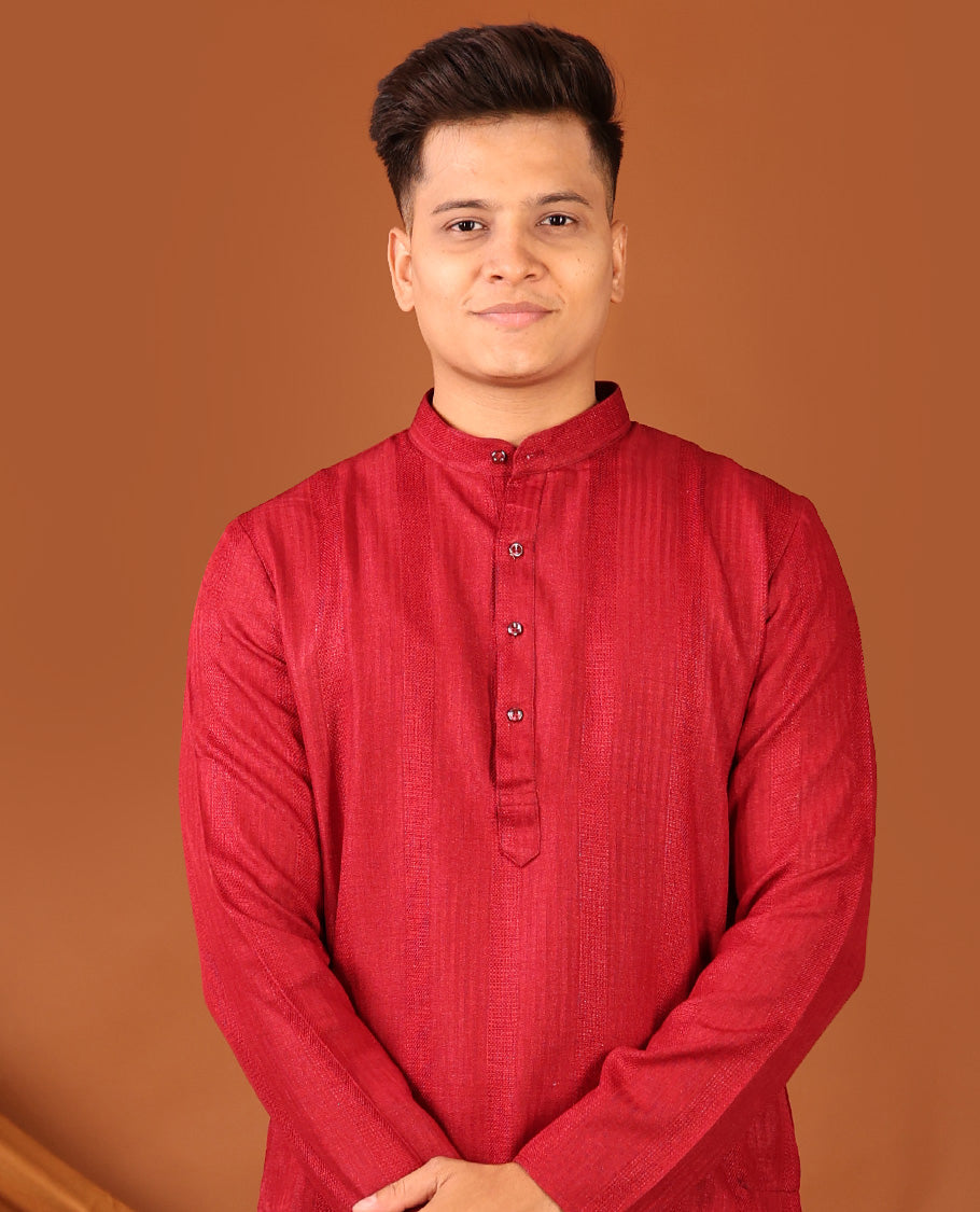 Red Geometric Textures Threaded Full-Sleeved Men's Kurta