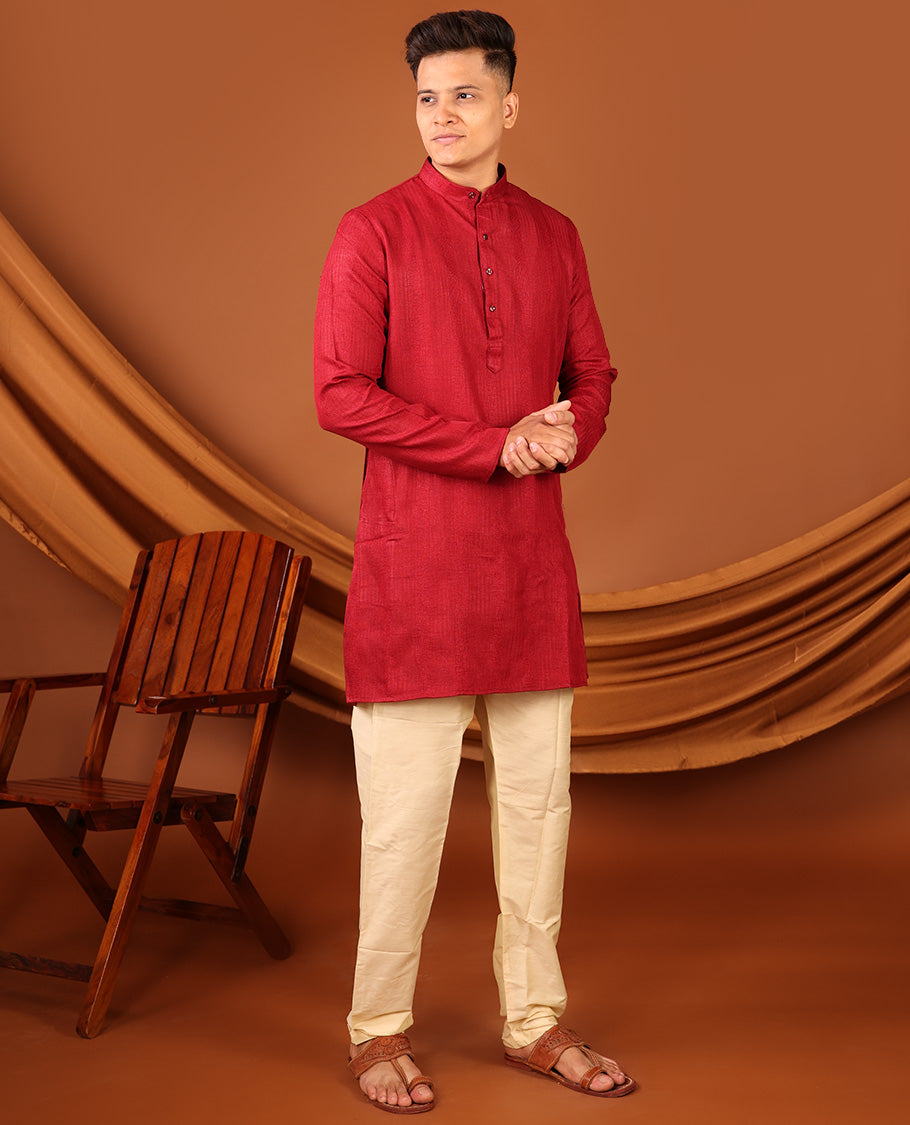 Red Geometric Textures Threaded Full-Sleeved Men's Kurta