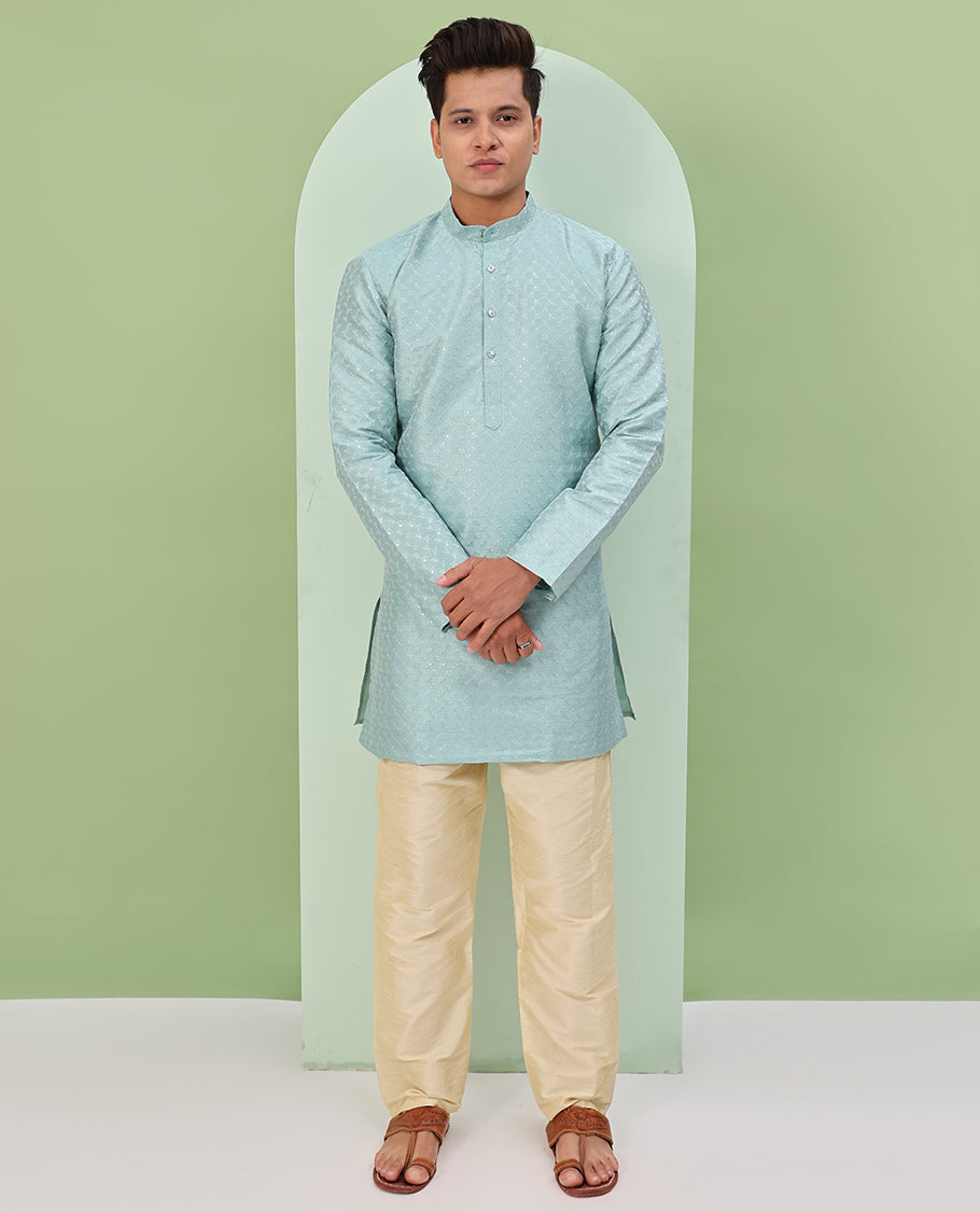 Pastel blue thread embossed embroidered full-sleeved short readymade kurta