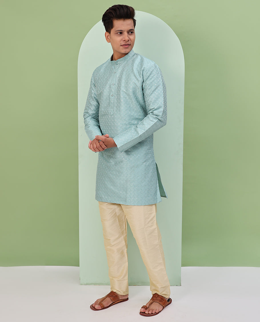 Pastel blue thread embossed embroidered full-sleeved short readymade kurta
