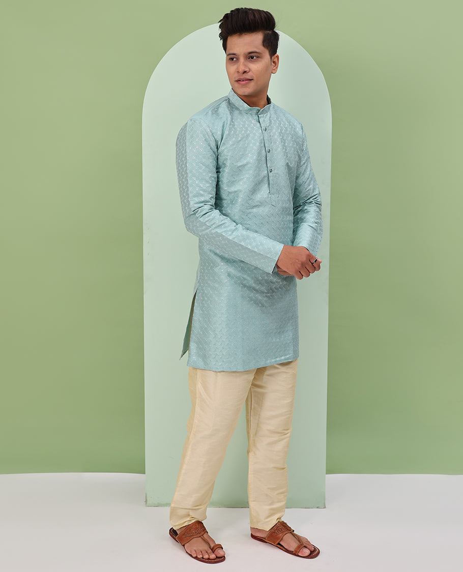 Pastel blue thread embossed embroidered full-sleeved short readymade kurta