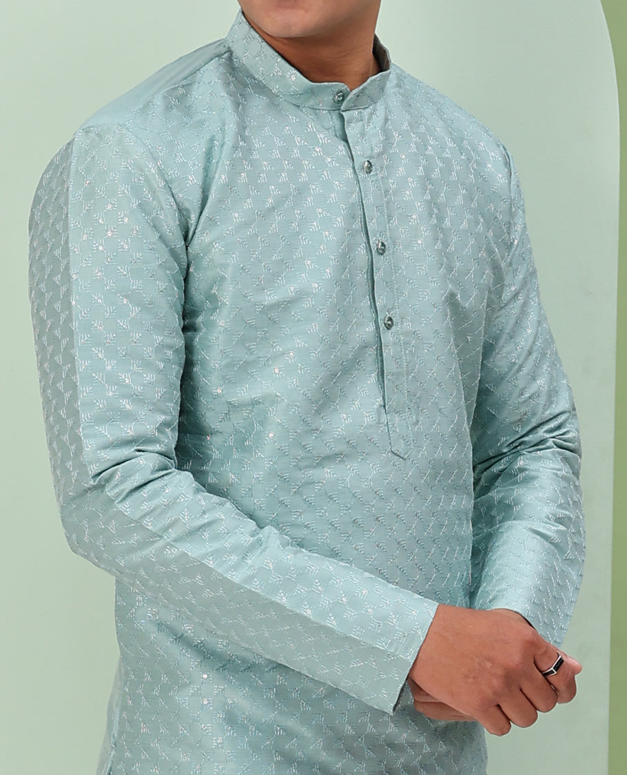 Pastel blue thread embossed embroidered full-sleeved short readymade kurta
