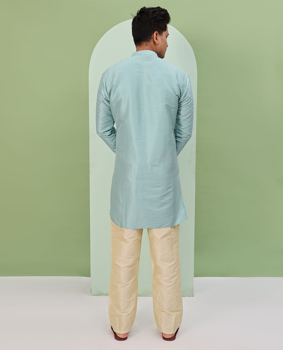Pastel blue thread embossed embroidered full-sleeved short readymade kurta