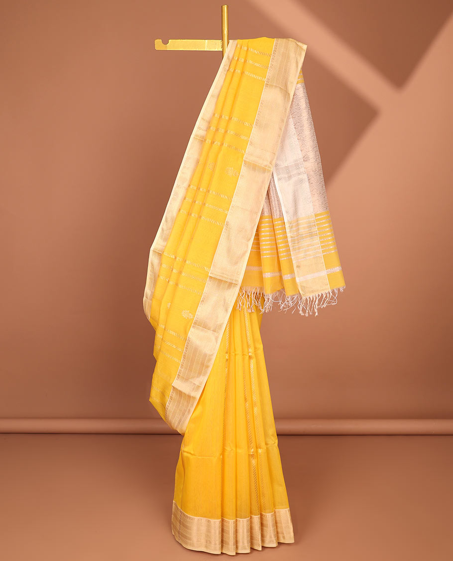 Yellow Maheshwari cotton saree with stripes, contrast traditional zari border & intricate pallu
