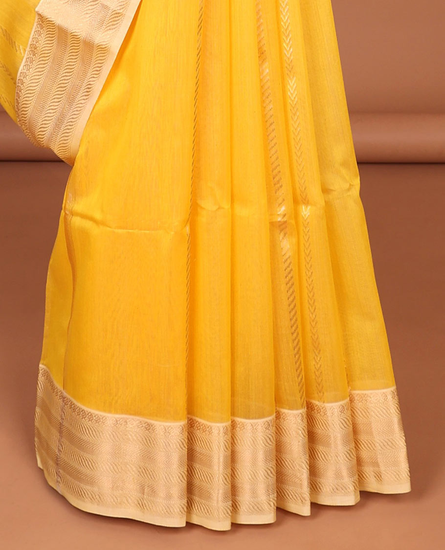 Yellow Maheshwari cotton saree with stripes, contrast traditional zari border & intricate pallu