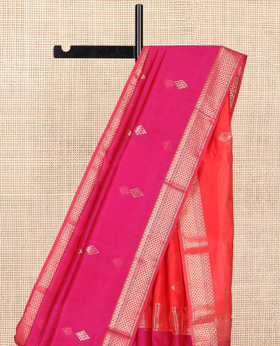Red geometric design maheshwari cotton saree with contrast zari design border & floral design pallu