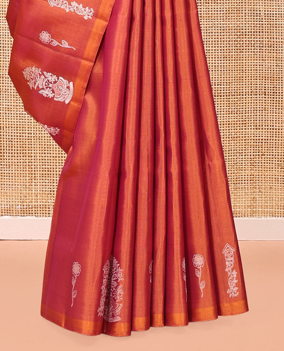 Borderless Orange Mayuri Soft Silk Saree, Entralled with Zari Buttas All Over Its Body, Highlighted by Traditional Zari Designs Woven Pallu, and Paired with a Matching Blouse