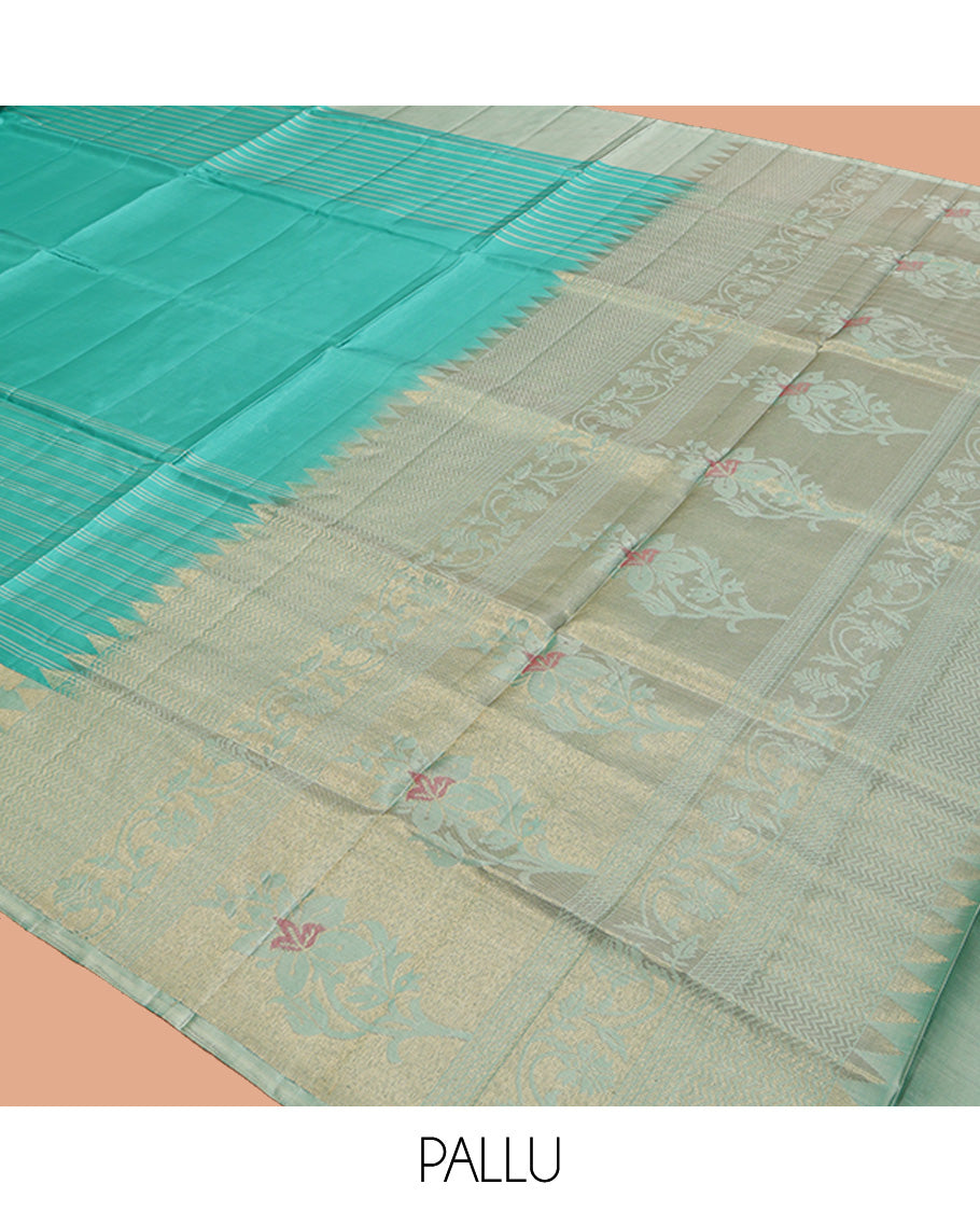 Turquoise Mayuri Soft Silk Saree, Woven with Stripes, Complemented by Contrast Floral Creeper Border, Floral Design Pallu, and a Contrast Blouse