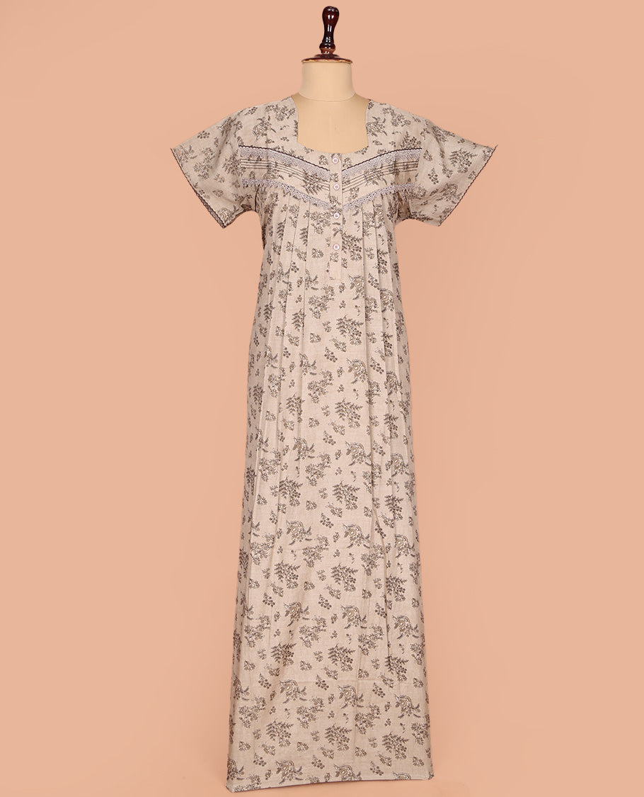 Pale Brown Cotton Nighty Subtly Sparkled with Floral Print, Featuring Lace Work, Square Front Neck, and Half Sleeves