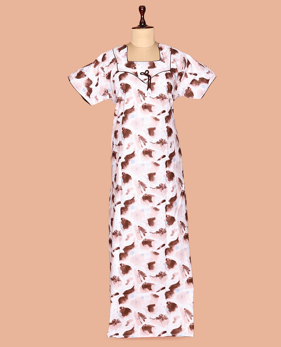 White-Brown Cotton-Blended Nighty