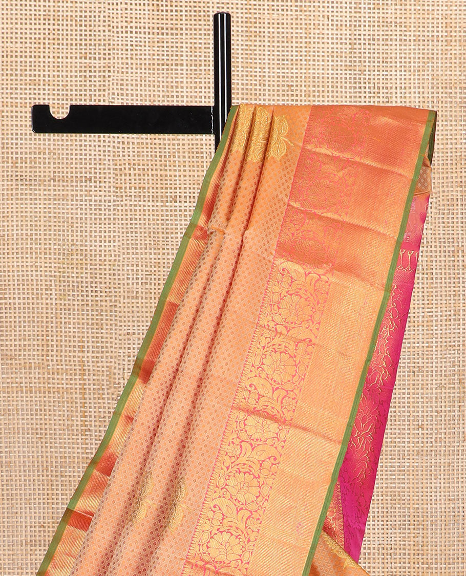 Sandal leaf design silk saree with contrast border of thilakam mokku, banaras design & floral jaal design pallu