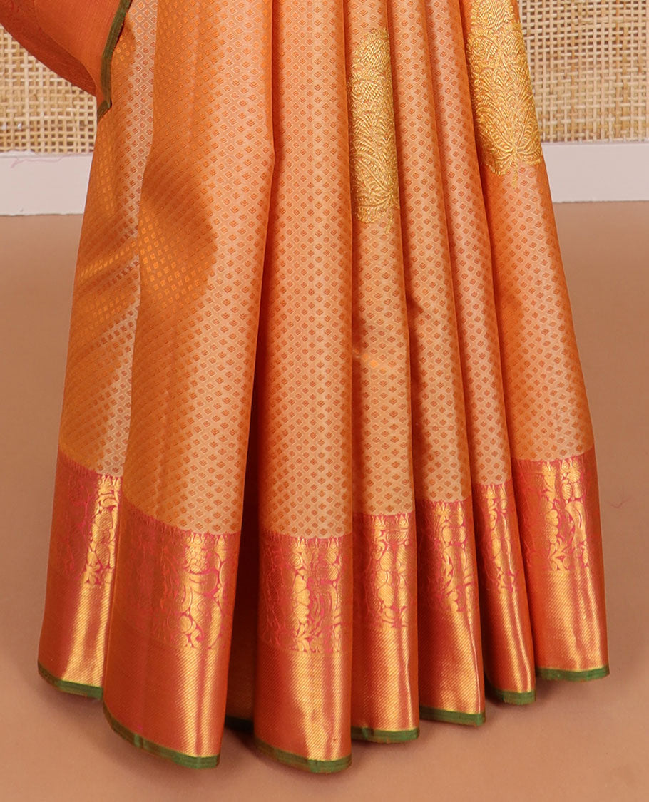 Sandal leaf design silk saree with contrast border of thilakam mokku, banaras design & floral jaal design pallu