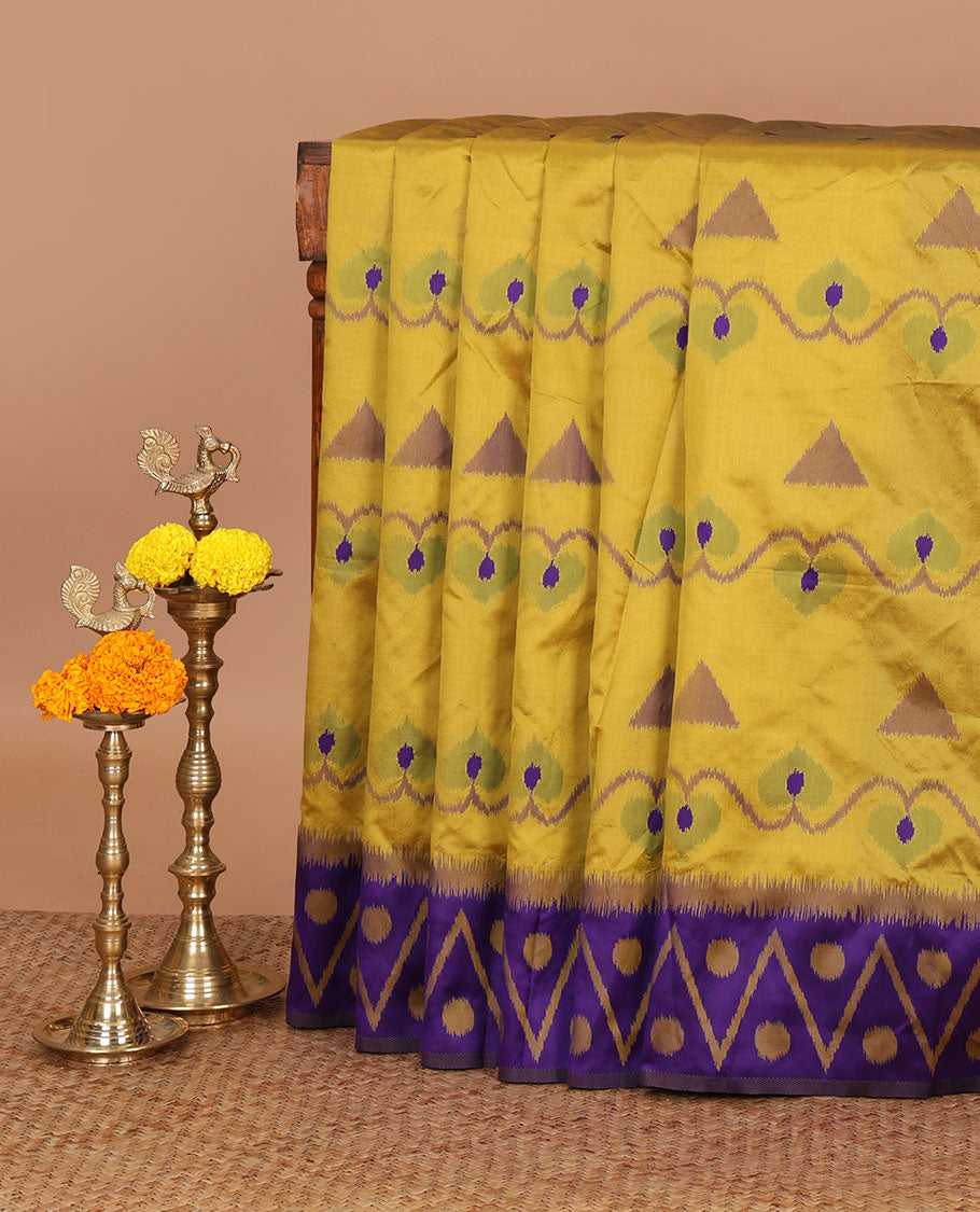 Yellow unique motifs thread weave pochampally ikat mulberry silk saree, contrast chevron & polka dot border and zari-rich intricate pallu