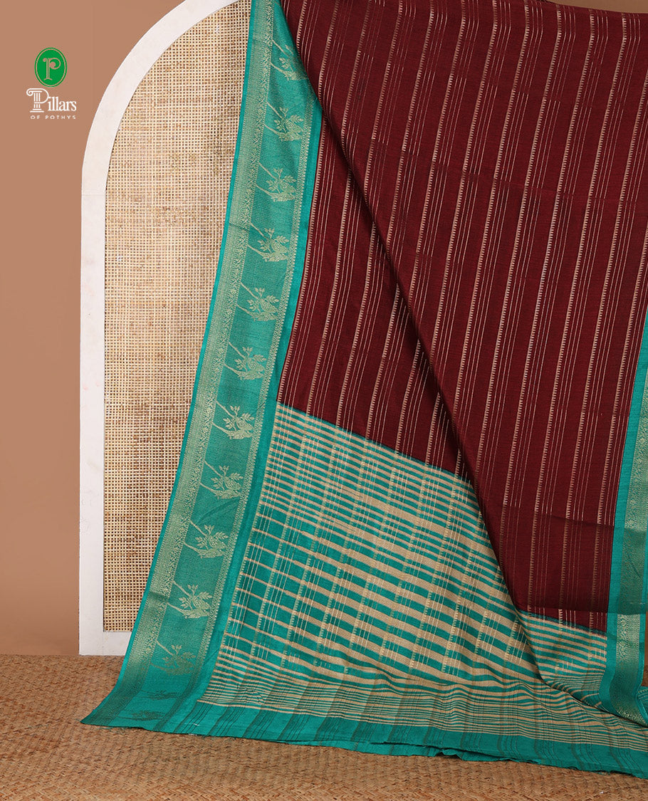 Wine golden zari striped dola silksaree, contrast parrot motif & traditional design border, temple pallu & zari design pallu