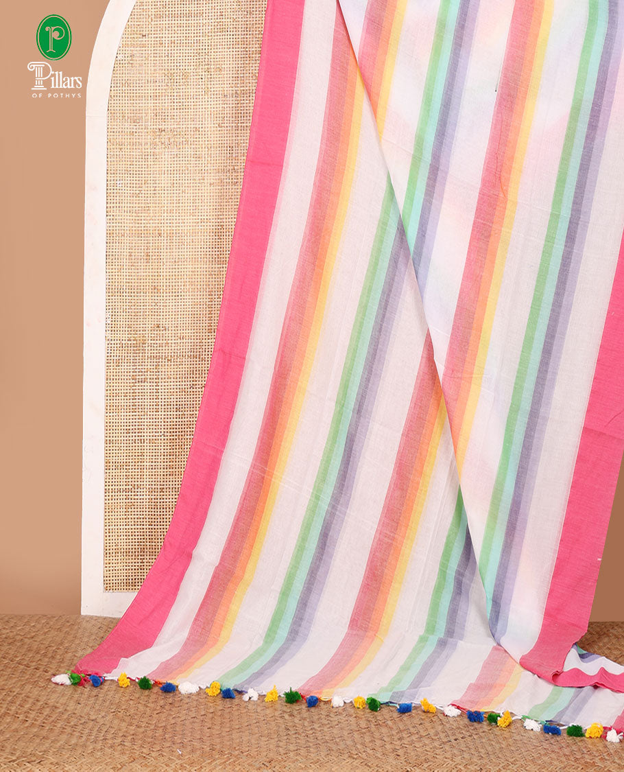 Rainbow-color striped khadi cotton saree, zari border, multi-color tassels pallu & colorful striped blouse