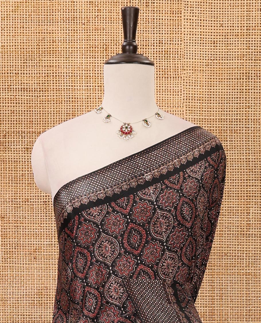 Black Ajrakh-printed turkey crepe saree, printed border, Ajrakh-printed pallu & small buttas printed blouse