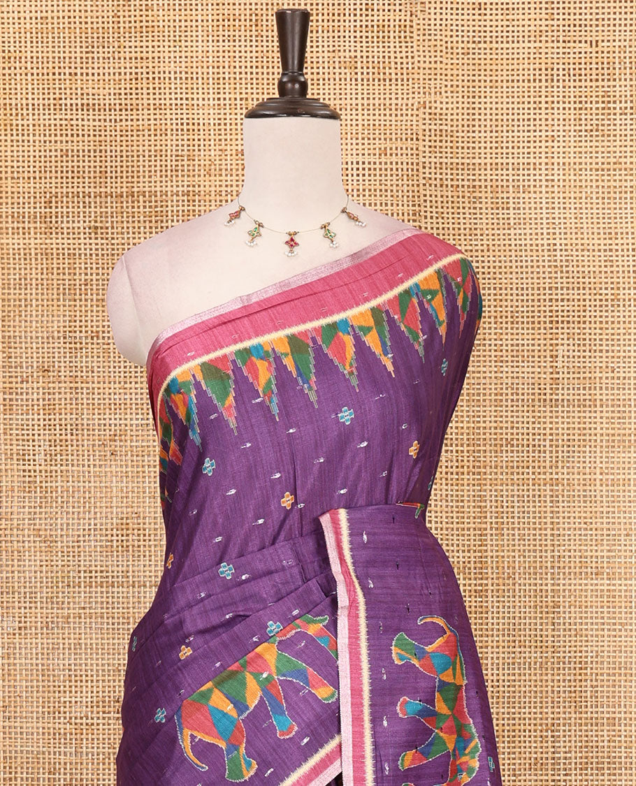 Wine buttas & kaleidoscope color elephant motifs printed katan silk saree, contrast multi-hue temple motif border, ikkat geometric print pallu & contrast printed blouse