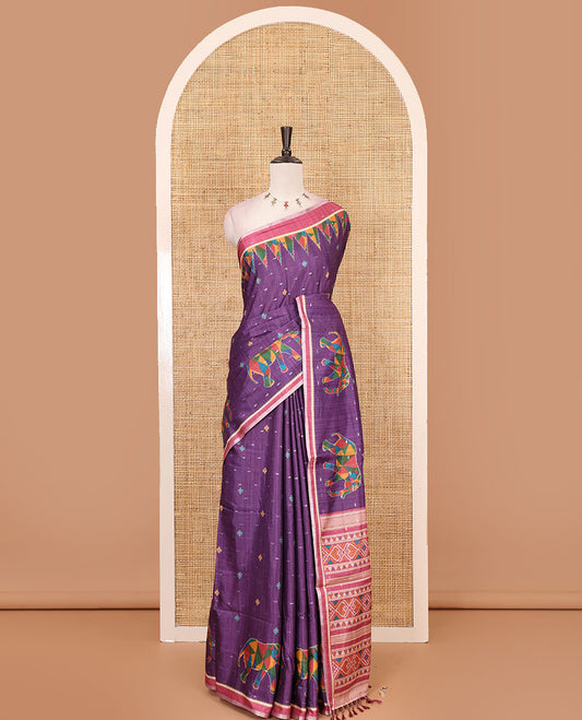 Wine buttas & kaleidoscope color elephant motifs printed katan silk saree, contrast multi-hue temple motif border, ikkat geometric print pallu & contrast printed blouse