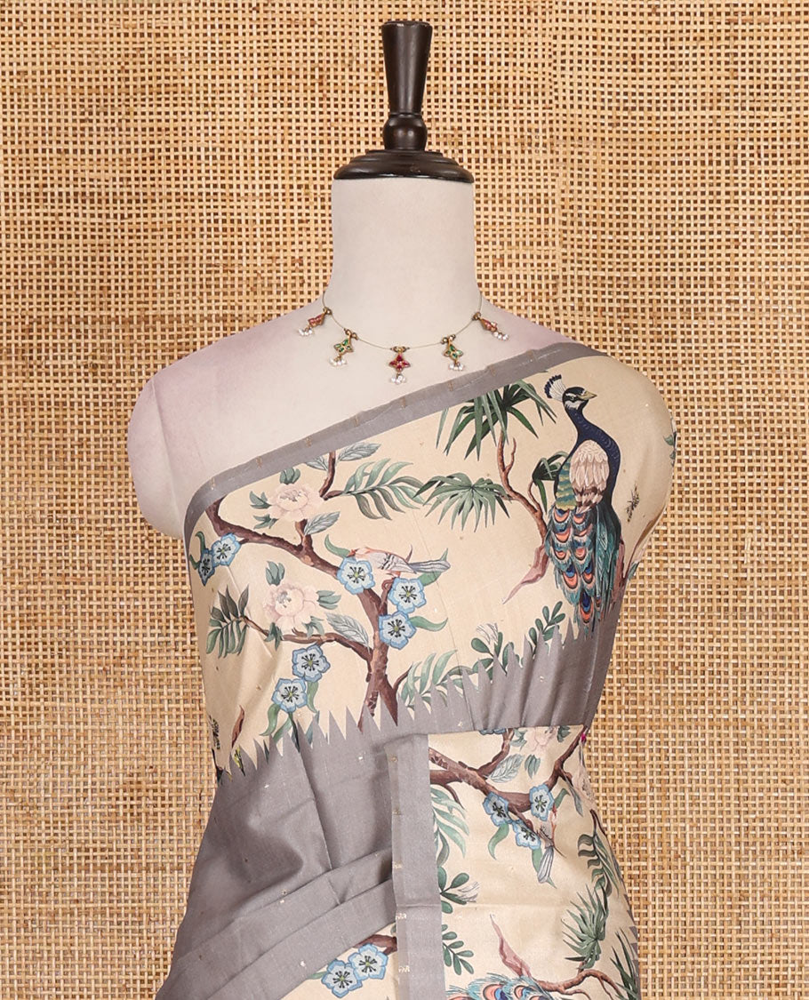 Grey gold zari dotted buttas semi tussar saree, contrast temple border features peacocks on the brand design print, striped pallu, and printed blouse