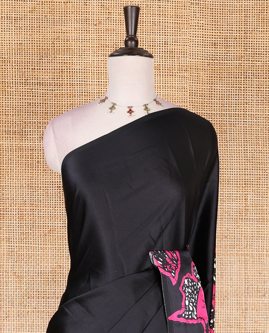 Borderless black-pink batik style abstract digital printed satin crepe saree with blouse of small buttas