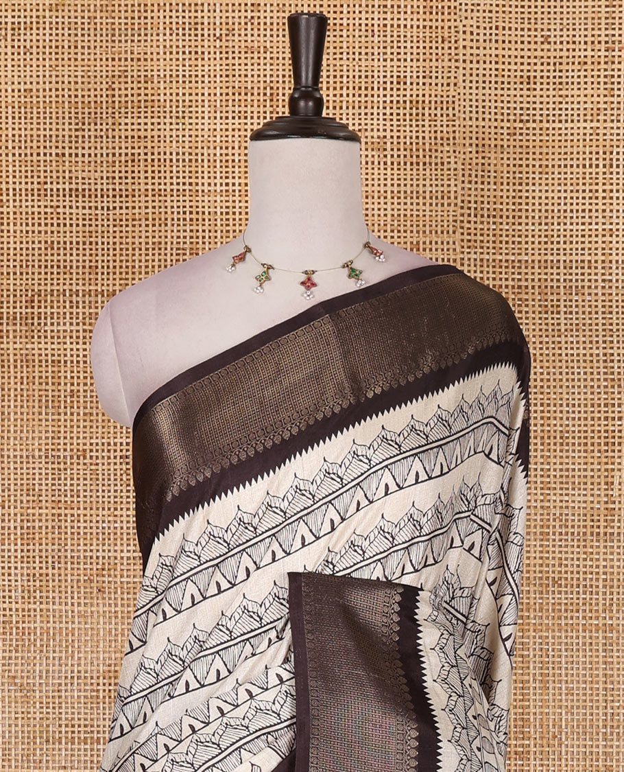 Cream-black flora, fauna, and geometric madhubani printed soft tussar saree, contrast zari border, peacock print pallu, and printed blouse