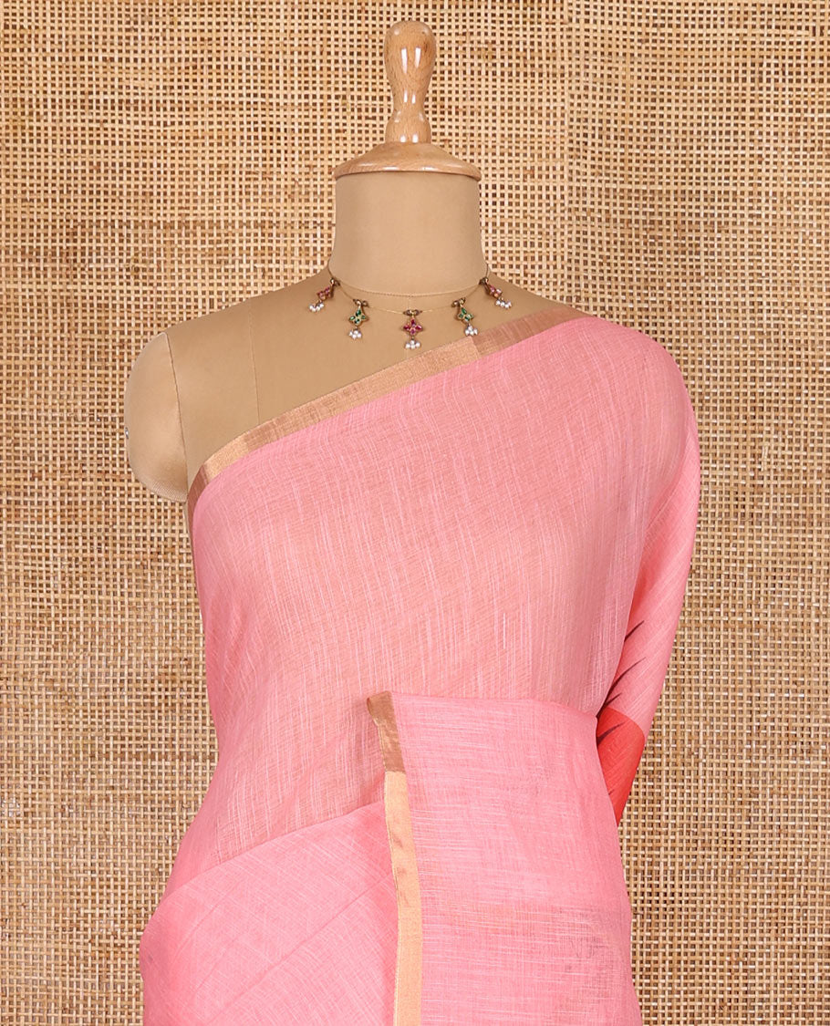 Pink sun and deer silhouette printed linen cotton saree, gold zari piping border, printed pallu, and a matching stripes printed blouse