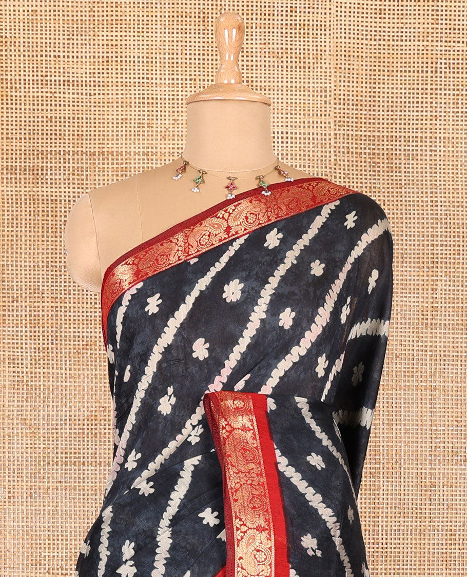 Black batik style lehariya stripes printed muslin silk saree, contrast peacock zari woven border, Mughal inspired painting style motifs printed pallu and a contrast blouse