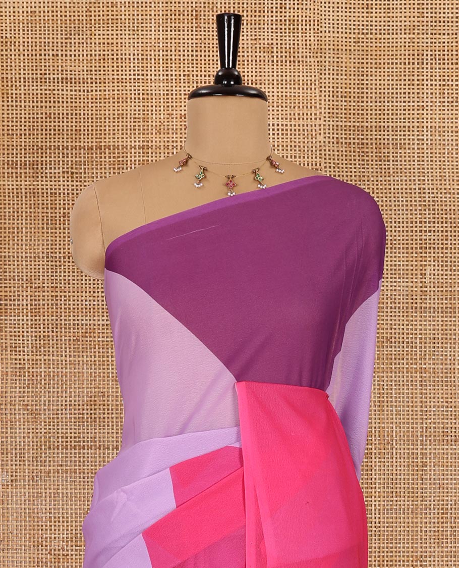 Borderless lavender plain moss chiffon saree, contrast double-sided temple border, self-pallu, and diamond-patterned printed blouse