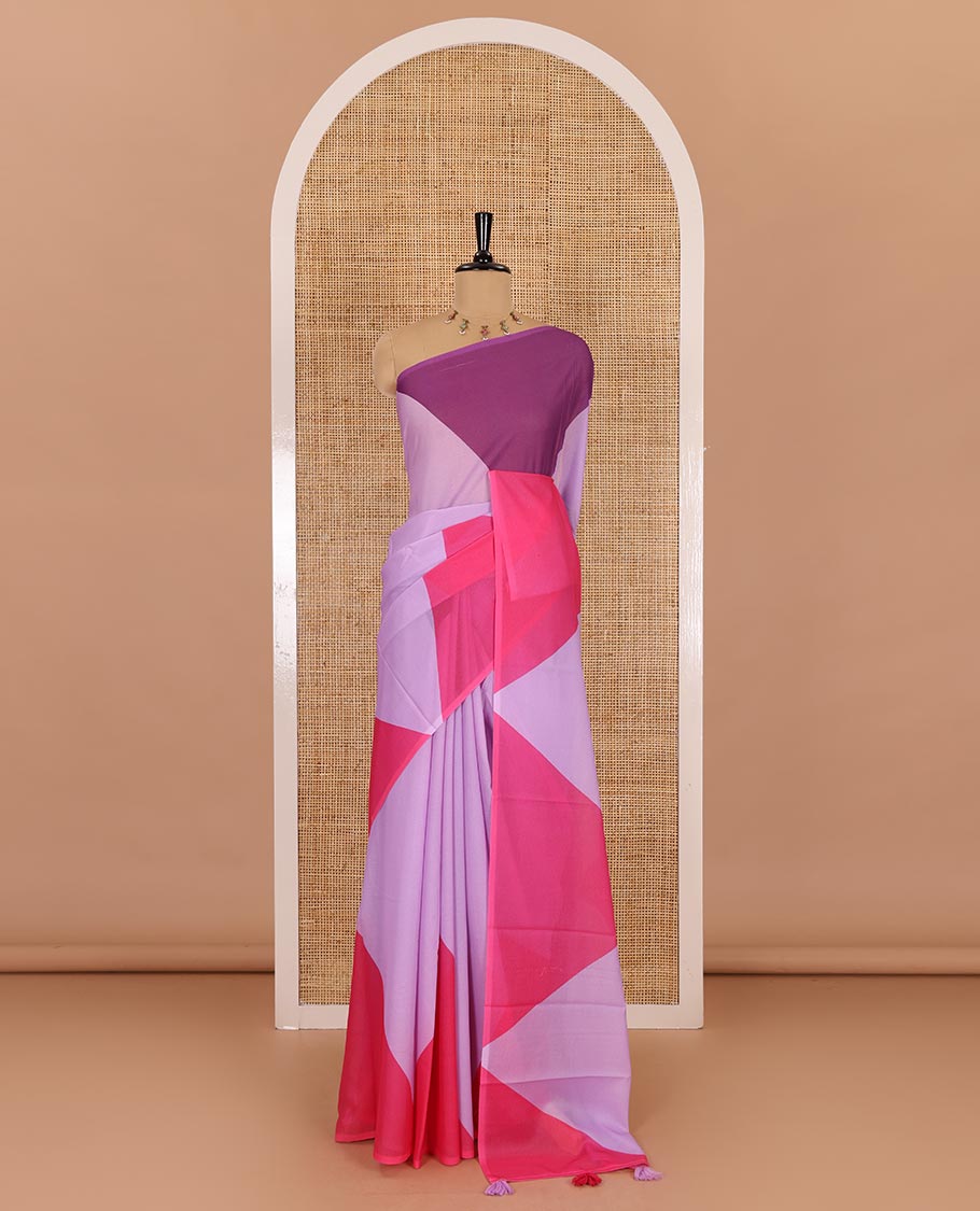 Borderless lavender plain moss chiffon saree, contrast double-sided temple border, self-pallu, and diamond-patterned printed blouse