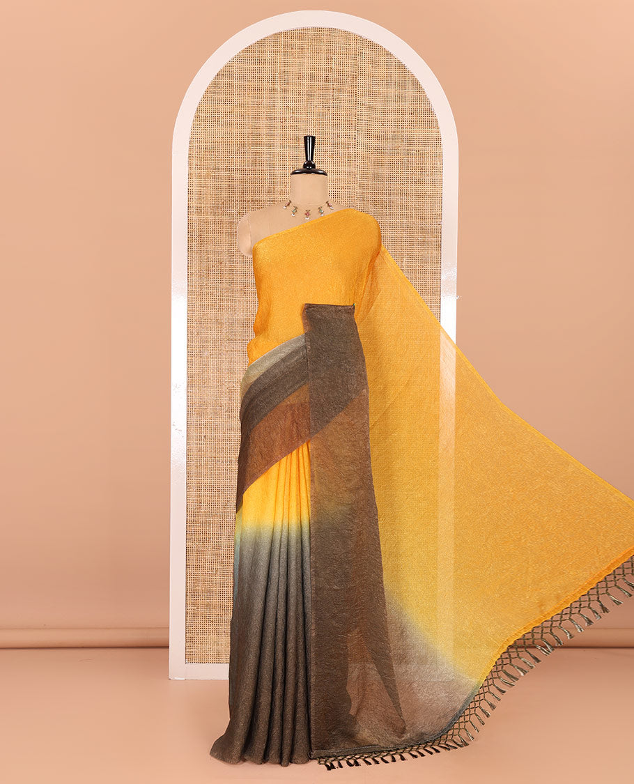 Borderless yellow and olive green ombre-style crushed plain fendy chiffon saree, self-pallu, and a matching plain blouse