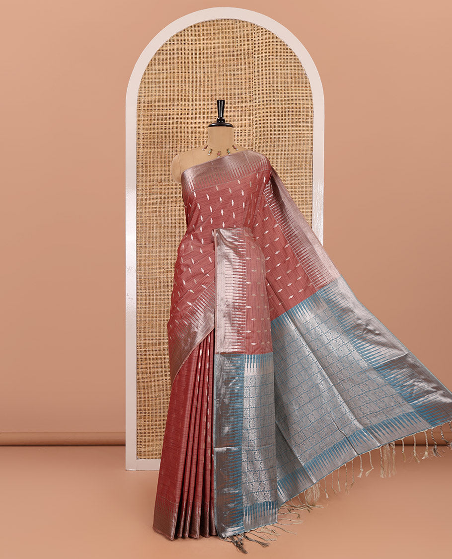 Brown zari buttas woven Luxury soft silk saree, temple zari border, contrast pallu of intricate zari designs, and zari design blouse