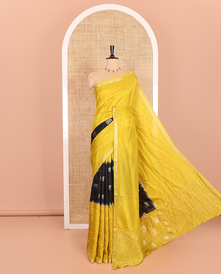 Yellow Russian Silk Saree Featuring Double-Sided Plain and Central Zari Elephant Motifs Weave, Accentuated by a Subtle Traditional Zari Border, Enhanced with a Zari-Designed Pallu, and Paired with a Blouse Depicting Meenakari Peacocks