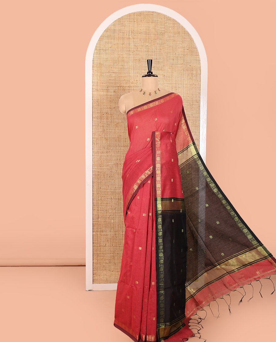 Red Kota Cotton Saree Beautified with Star-Style Zari Motifs All Over Its Body, Complemented by a Self-Border of Star Motifs, a Captivating Contrast Pallu of the Same Star Motifs, and a Contrast Blouse