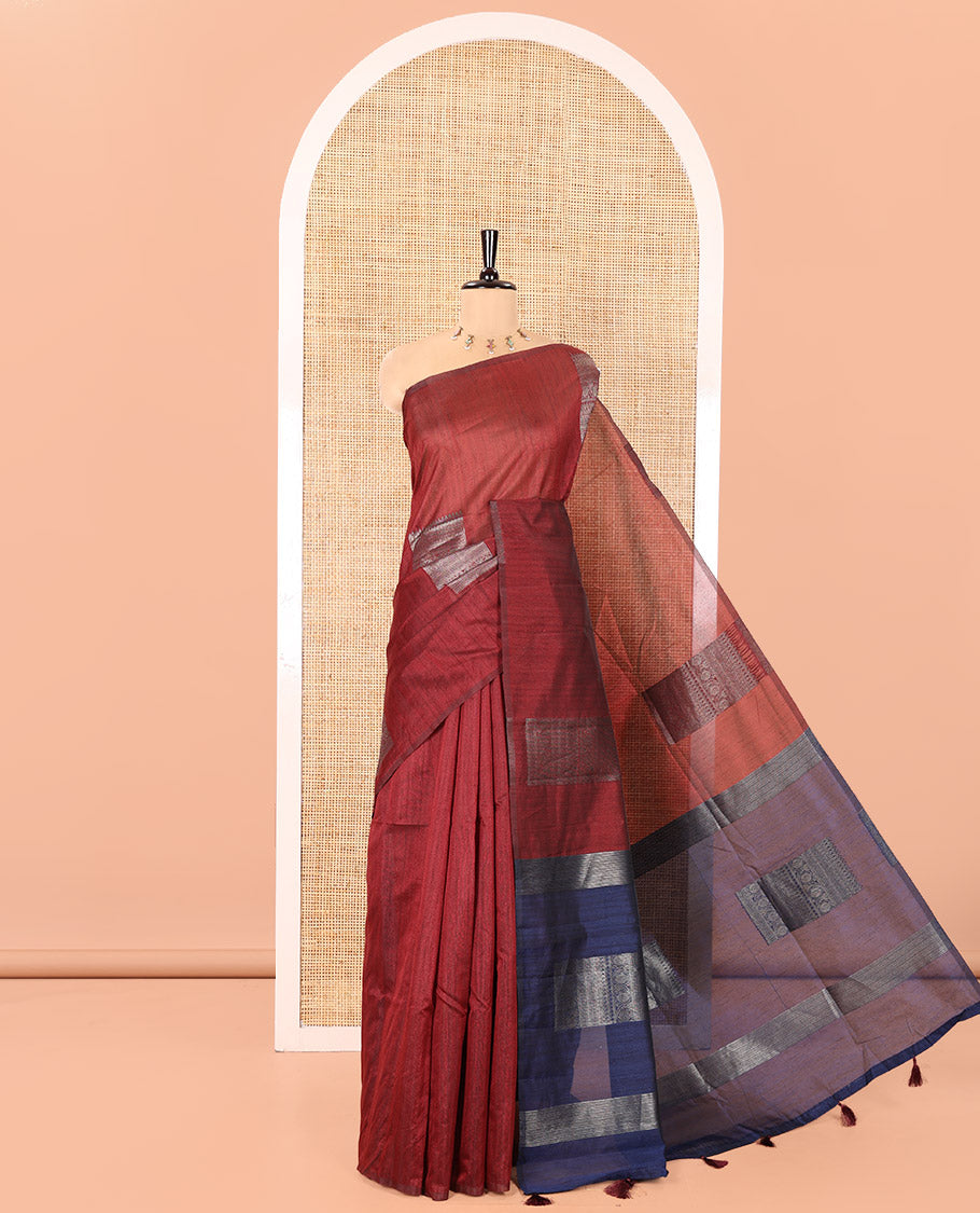 Borderless Red Vichitra Silk Saree, Enriched with Square Buttas All Over Its Body, Captivating Contrast Pallu of Traditional Designs, and Paired with a Contrast Blouse