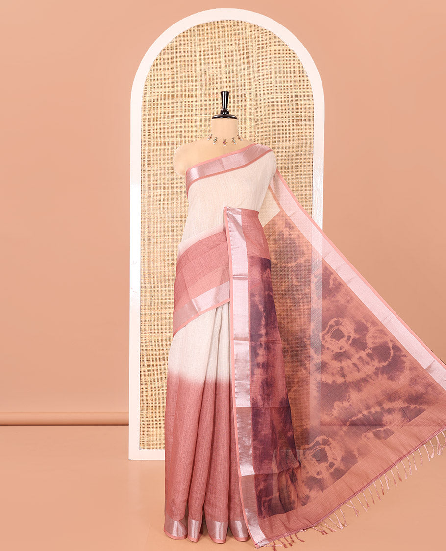 Chikku-Brown Linen Cotton Saree, Adorned With Ombre-style Dye Print, a Subtle Zari Border, Bold Shibori-Printed Pallu, and a Printed Blouse