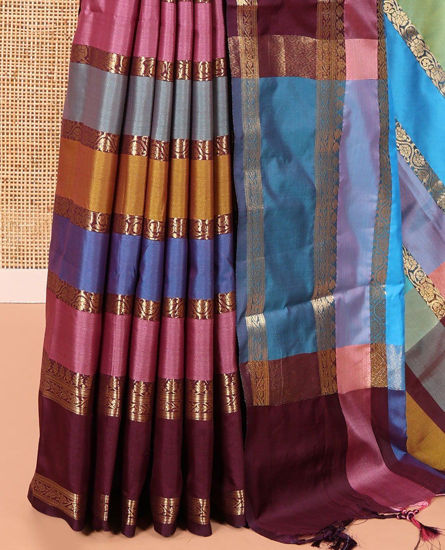 Multi-Color Semi-Soft Silk Saree, Meticulously Woven with Colorful Stripes and Floral Creeper Design on Its Body, Complemented by Contrast Rettai Pettu Traditional Zari Designs Woven Border, Grand Pallu, and Paired with a Contrast Blouse