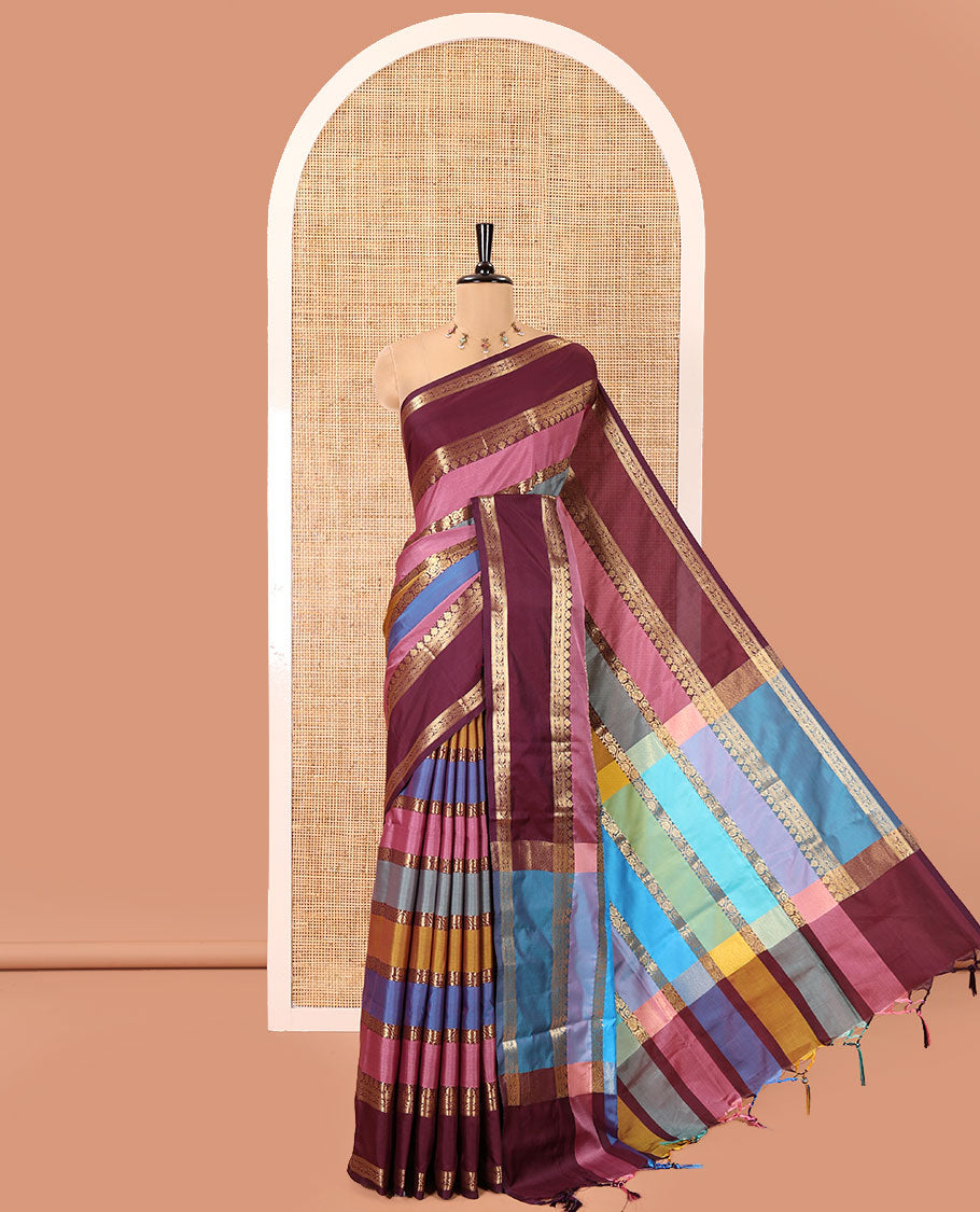 Multi-Color Semi-Soft Silk Saree, Meticulously Woven with Colorful Stripes and Floral Creeper Design on Its Body, Complemented by Contrast Rettai Pettu Traditional Zari Designs Woven Border, Grand Pallu, and Paired with a Contrast Blouse
