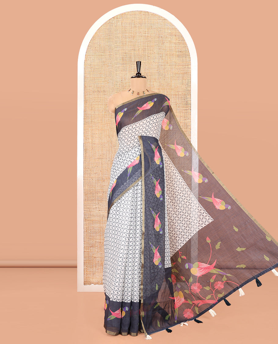 White-Onion Pink Linen Cotton Saree Features Horizontal Stripes on Its Body, Complemented by a Contrast Zari Border, Multi-Color Striped Pallu, and Paired with a Contrast Blouse