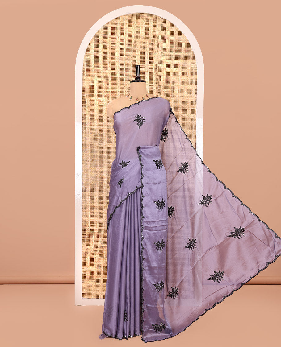 Lavender Rangoli Chiffon Saree, Finely Crafted with Floral Embroidery Motifs on Its Body, Scallop Embroidered Border, Embroidered Pallu, and Paired with a Contrast Blouse