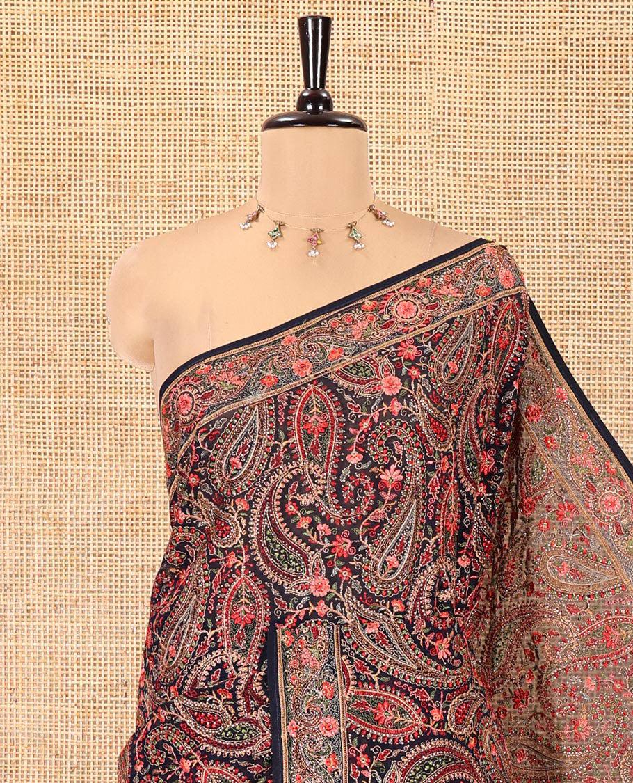 Navy Blue Georgette Saree, Ornamented with Intricate Paisleys, Kashmir Embroidered and Stone Work on Its Body, a Self-Embroidered Border, and Paired with an Embroidered Blouse
