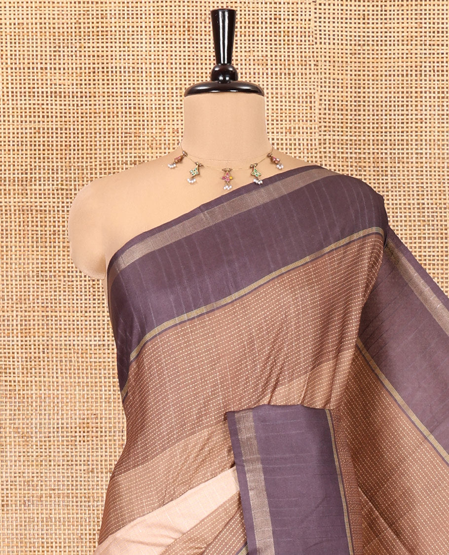 Brown Katan Silk Saree, Adorned with 3d-Style Print and Dotted-Style on Its Body, Complemented by Contrast Border, Pallu Steeped with Buttas, and Paired with a Contrast Blouse
