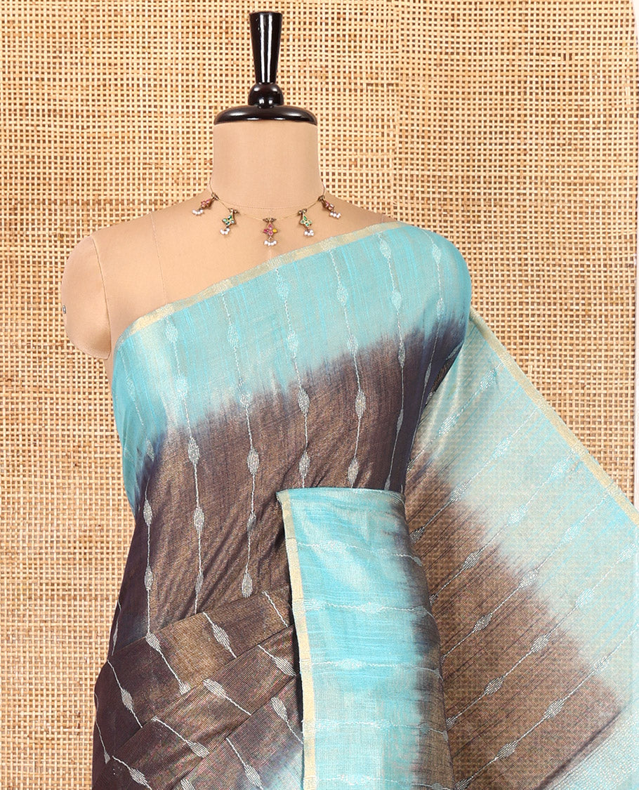 Navy Blue Bhagalpur Cotton Saree, Accentuated with Dotted-Thread Stripes, Contrast Thread Striped Border, Pallu of Thread Stripes, and a Contrast Blouse