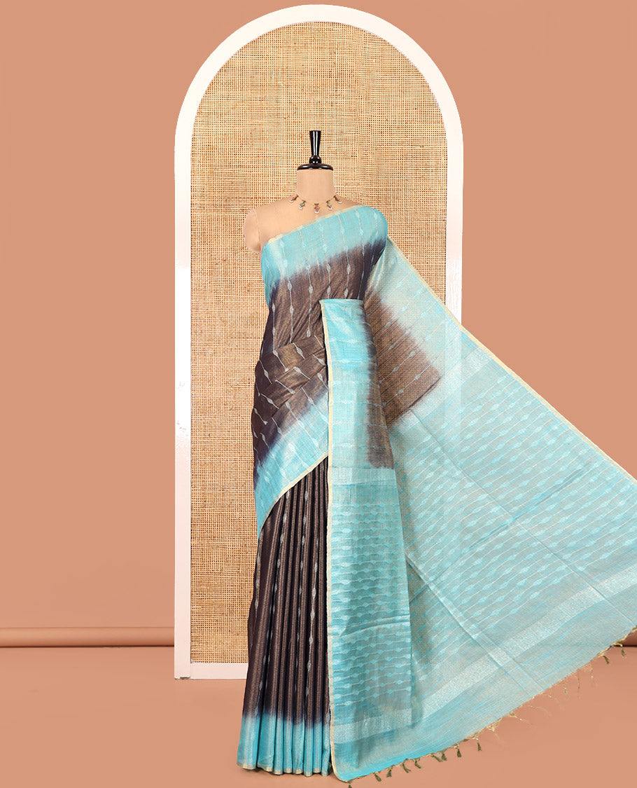 Navy Blue Bhagalpur Cotton Saree, Accentuated with Dotted-Thread Stripes, Contrast Thread Striped Border, Pallu of Thread Stripes, and a Contrast Blouse
