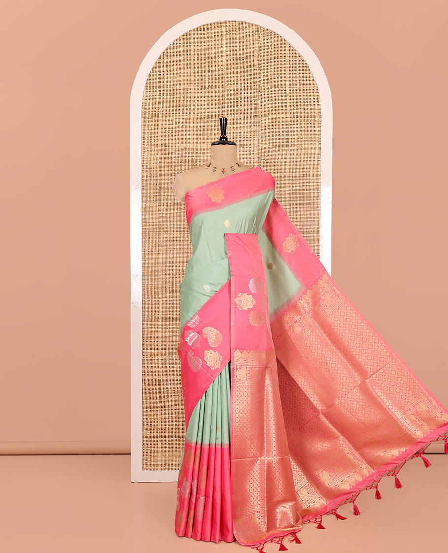 Green Elite Soft Silk Saree, Adorned with Zari Buttas, Contrast Intricate Border, Jaal Pallu, and a Contrast Blouse