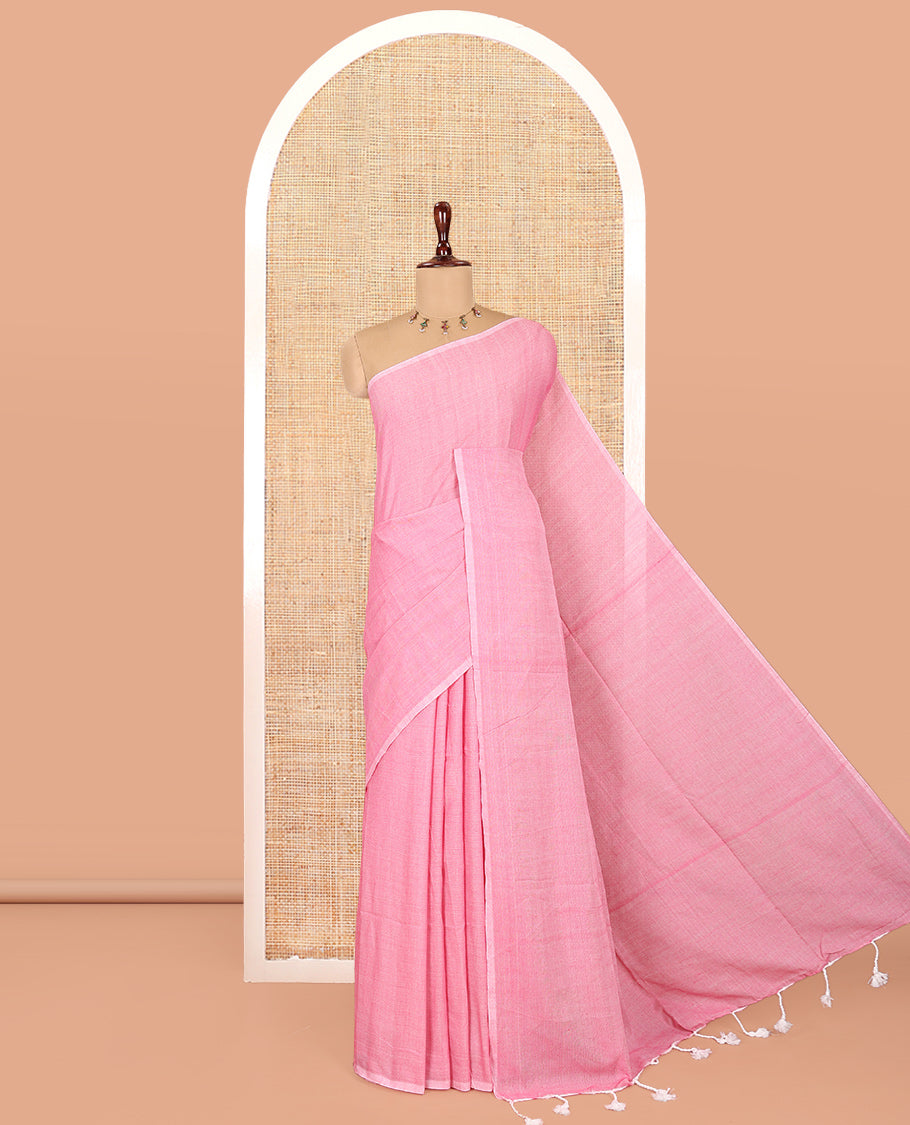 Borderless Pink Plain Khadi Cotton Saree, a Self-Pallu with Tassels, and a Matching Blouse