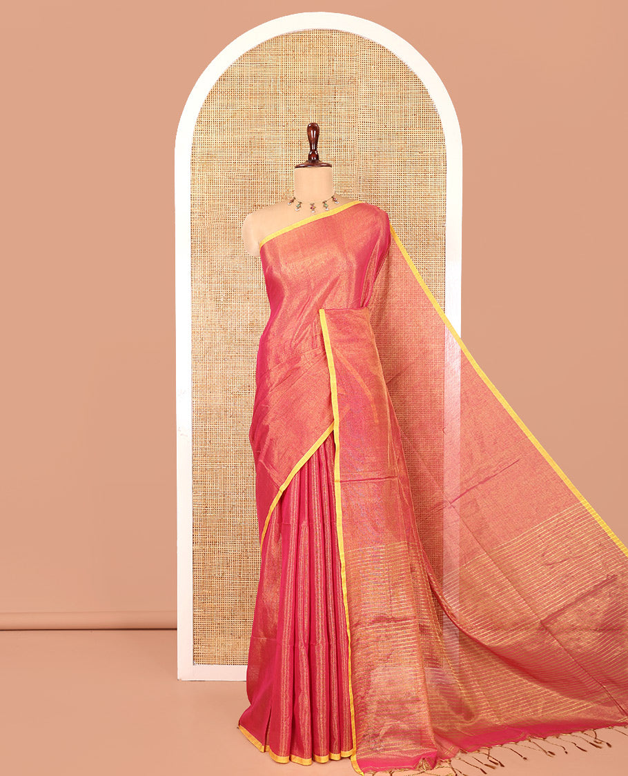 Borderless Pink Plain Khadi Tissue Saree, a Self-Striped Pallu, and a Matching Blouse