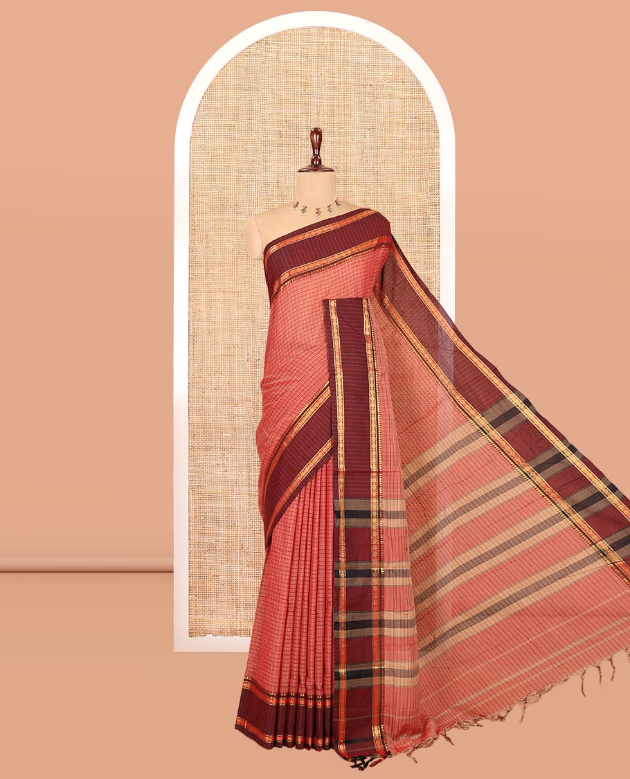 Rust Checked Mercerised Cotton Saree, Contrast Rettai Pettu Rudraksham-Temple Border, a Self-Pallu and a Matching Blouse